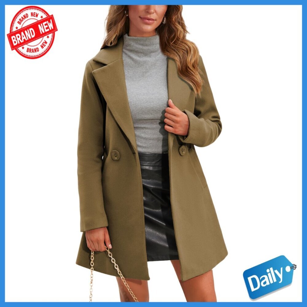 Women's Wool Pea Coat Notched Collar Double Breasted Midi Trench Coat